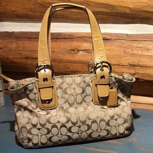 Coach Canvas Shoulder Bag W/Tan Leather Handles